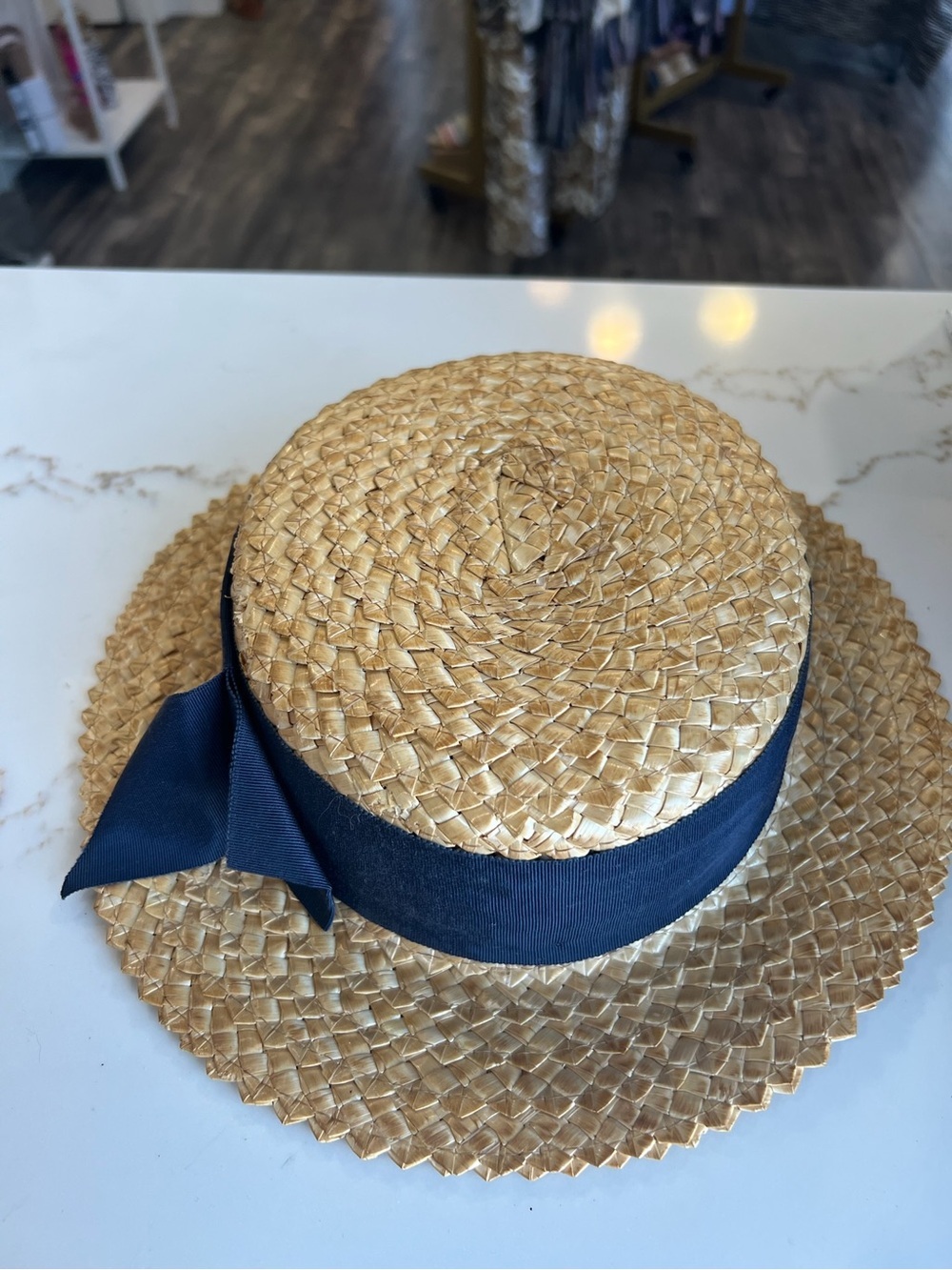 Vintage Straw Boater Hat with Blue Ribbon